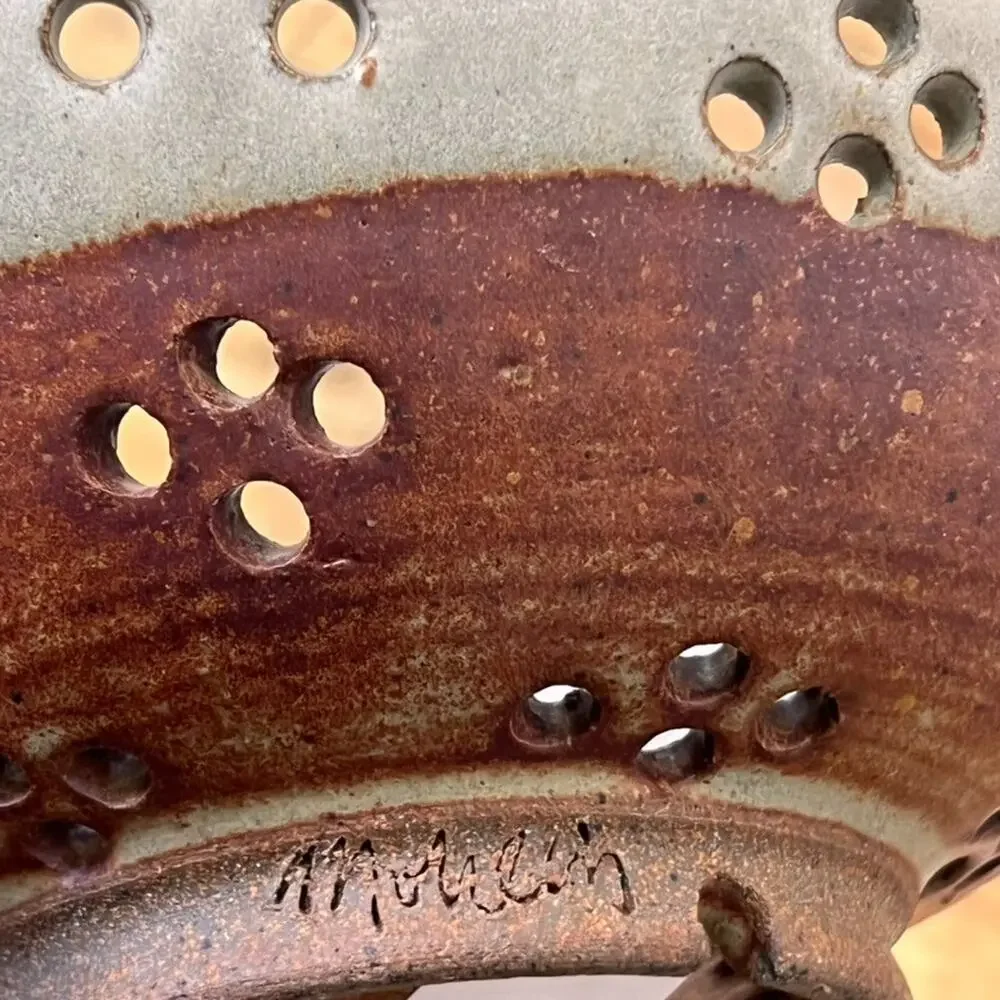 Art Studio Pottery Color Block Stoneware S Berry Bowl Colander 8.5" Handles - Picture 13 of 13